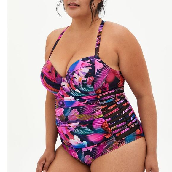 Torrid Size 2 Bra Cup D/DD One Piece Slim Fix Underwire Padded Tropical Swimsuit - Picture 3 of 4